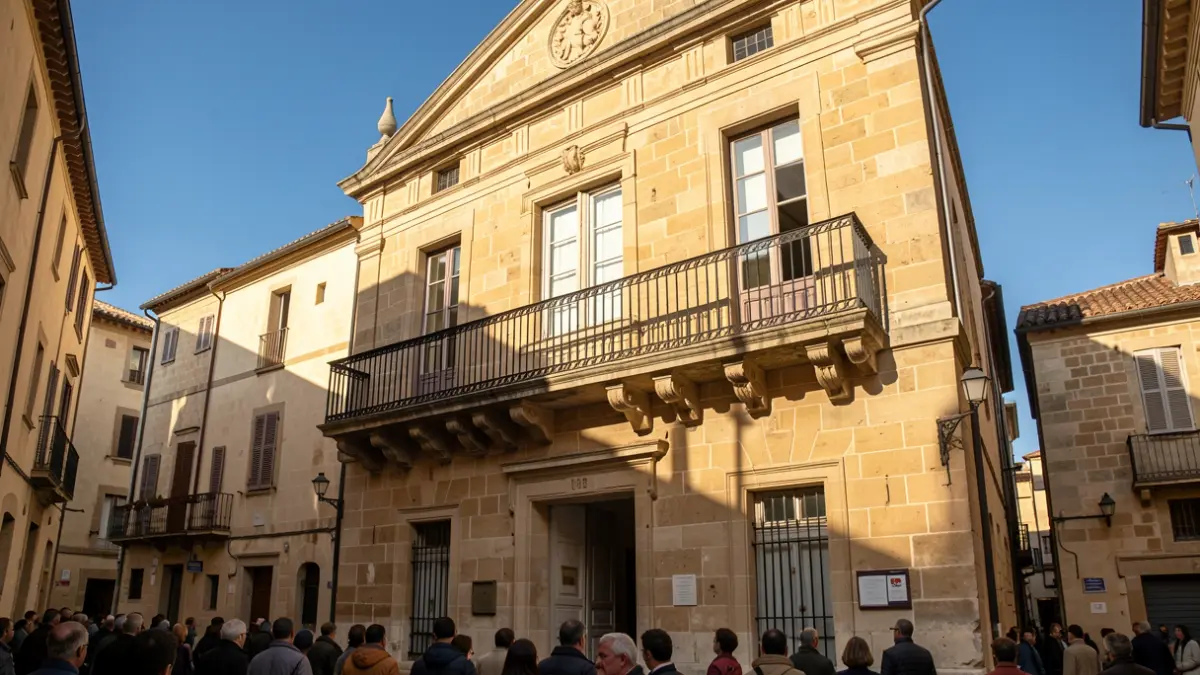 Facade of an Andalusian town hall with a balcony and iron railings, afternoon sunlight.
