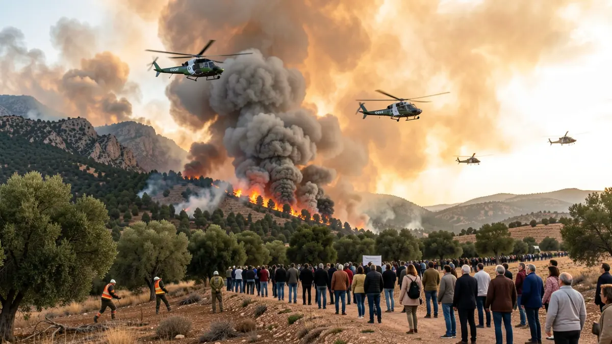 Air and ground crews battle a forest fire in a natural area of Turón, Granada.