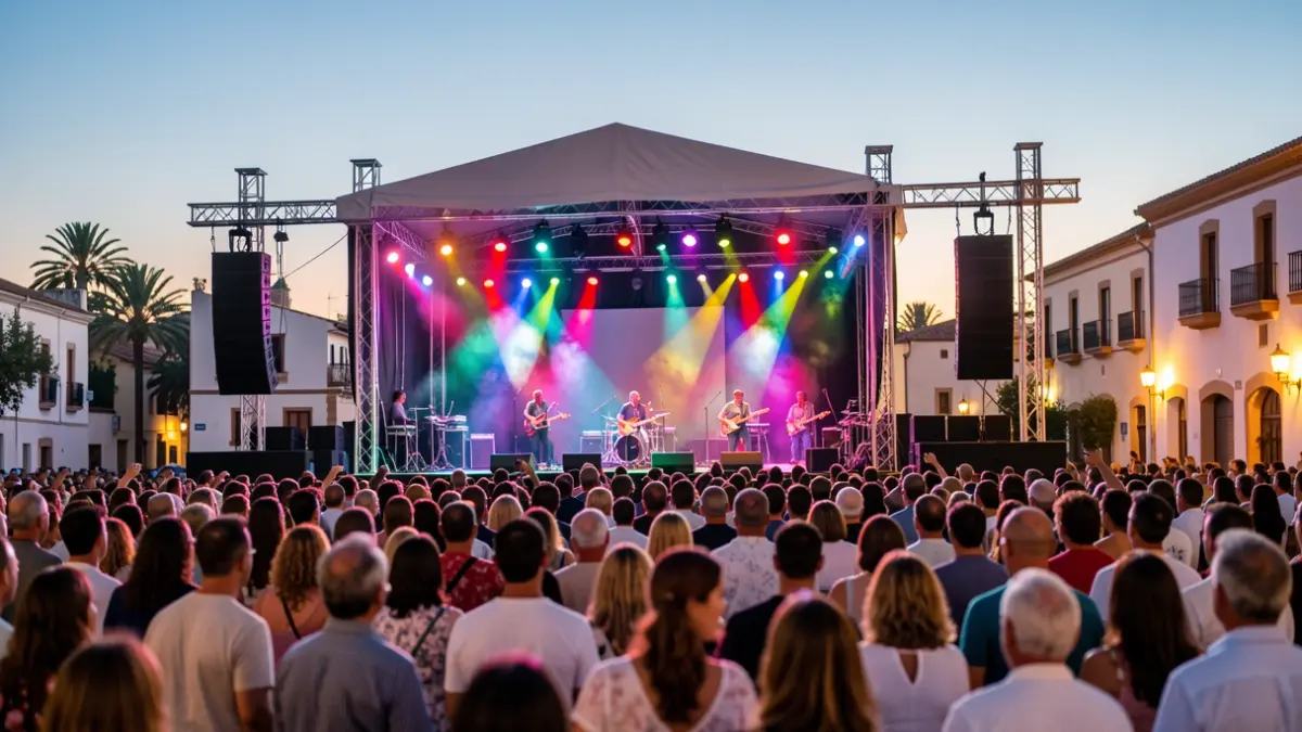 Escena de concierto al aire libre en Almería durante el Cooltural Fest, con escenario iluminado y público.
