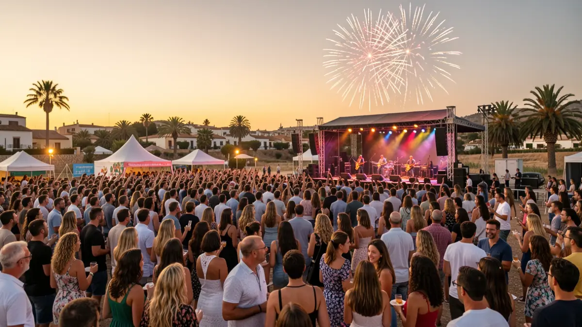 Imagen de una fiesta de clausura de festival al aire libre en Almería con público, escenario y fuegos artificiales.