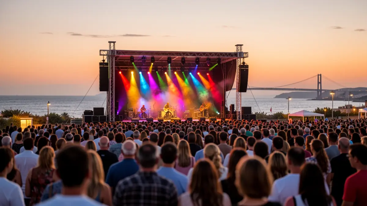 Escenario del Cooltural Fest al atardecer en Almería, con el mar Mediterráneo y el Cable Inglés de fondo.