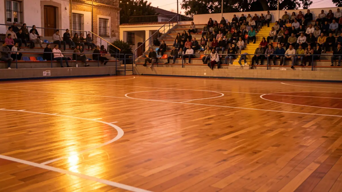 Pista de bàsquet a Vista Alegre, Còrdova, amb llums càlides i graderies buides.