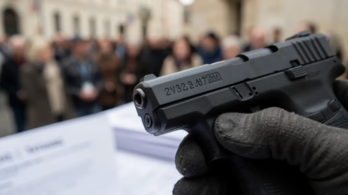 Primer plano del número de serie de un arma de fuego siendo inspeccionado por una mano enguantada.