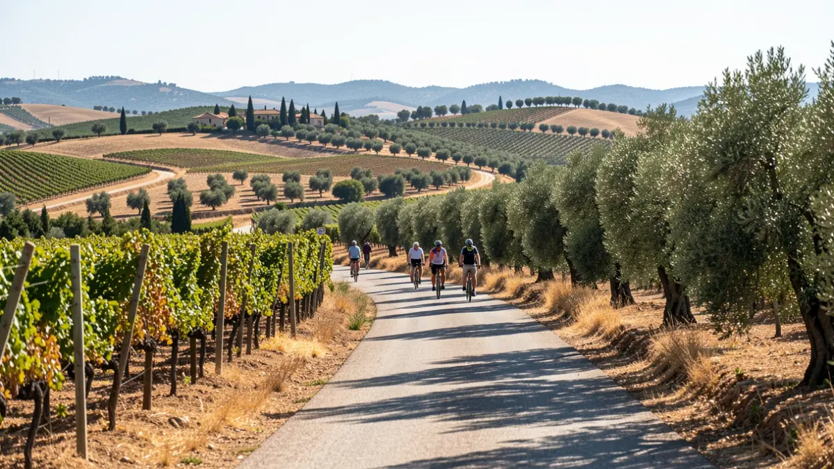 Imagen genérica de una carretera escénica en Andalucía con ciclistas a lo lejos.