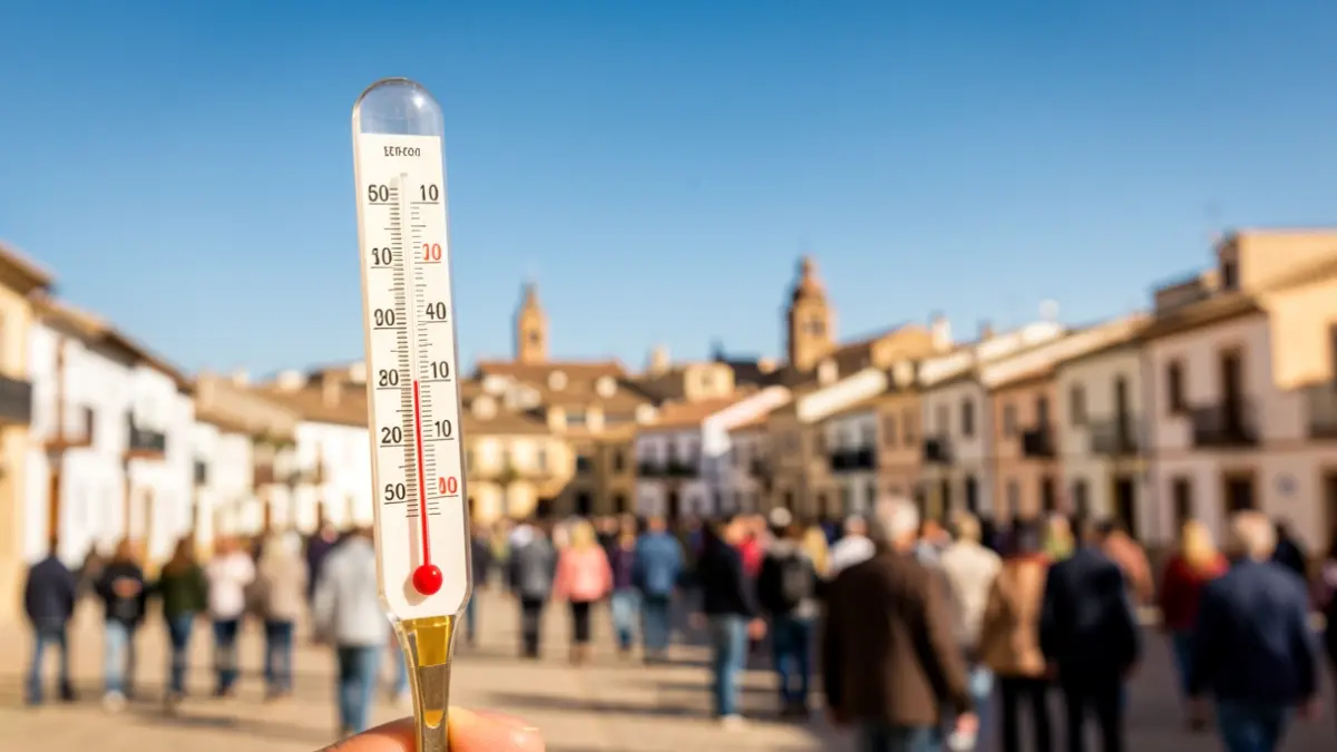 Thermometer showing high temperature with blue sky and blurred Andalusian city.