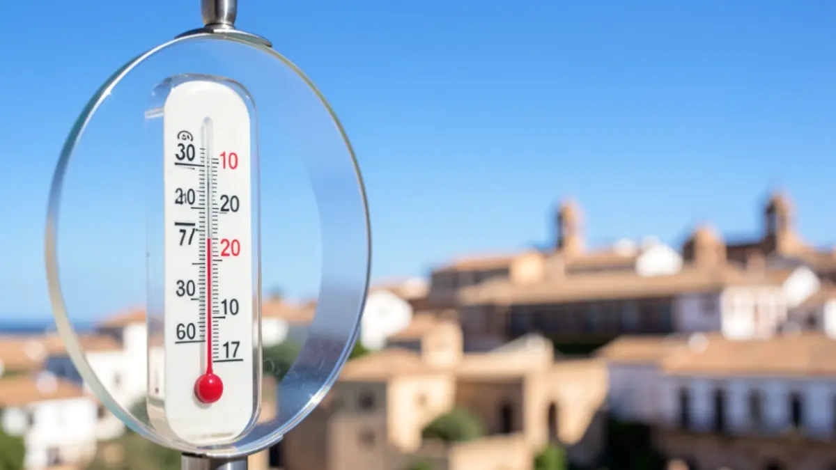 Termómetro mostrando 37 grados con cielo azul y ciudad andaluza borrosa.