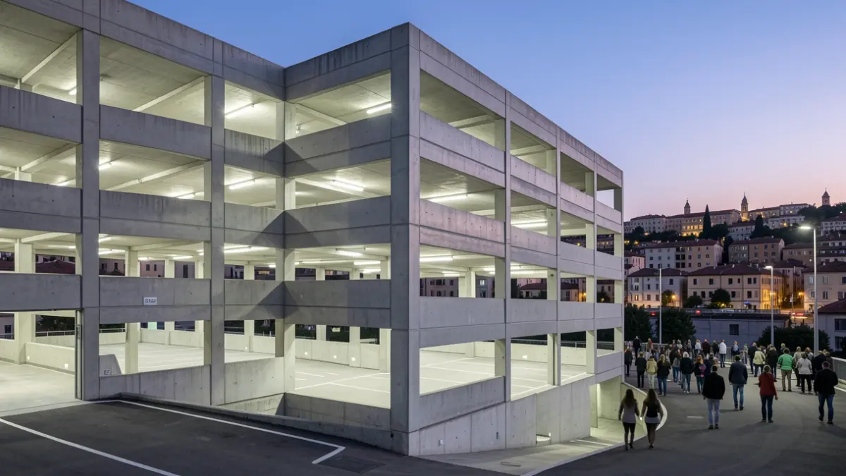 Generic image of a modern concrete parking garage in a Mediterranean city at dusk.