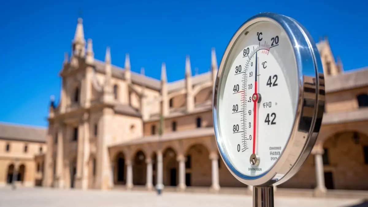 Thermometer showing 42 degrees next to the Mezquita-Catedral of Córdoba under an intense blue sky.