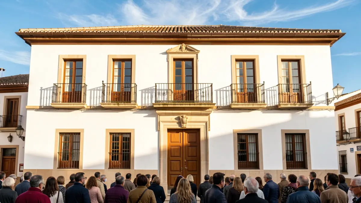 Facade of an Andalusian town hall with white walls and an ironwork balcony, under bright sun.