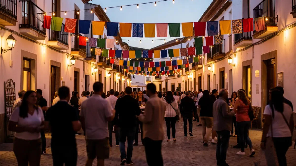 Imagen genérica de una plaza de pueblo andaluz con ambiente festivo al atardecer.