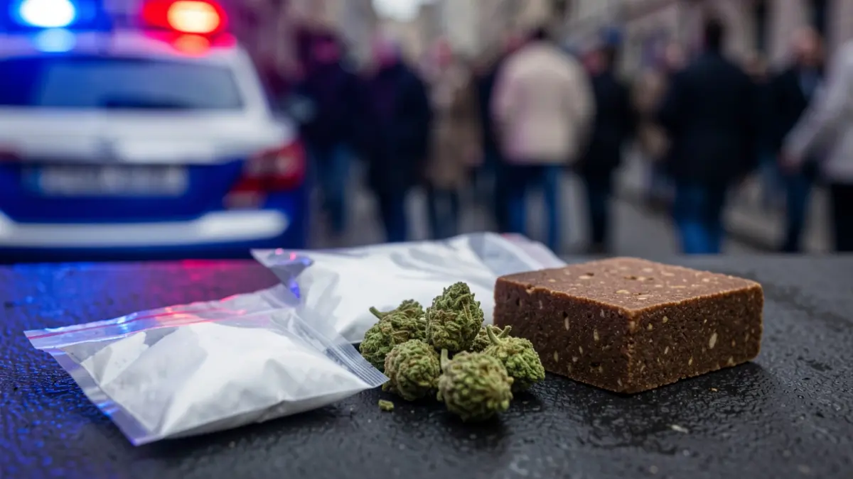 Generic image of different types of seized drugs, with blurred police lights in the background.