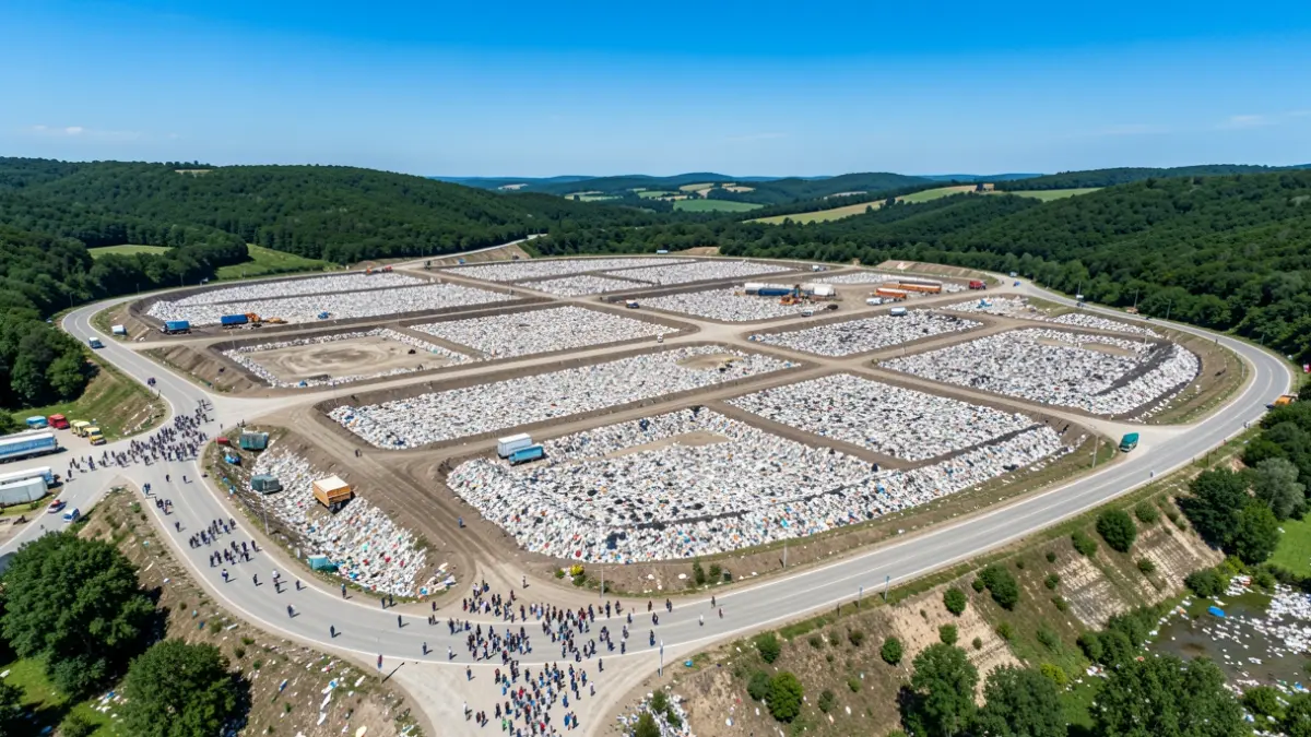 Vista aérea de un gran vertedero municipal con infraestructuras de drenaje y caminos de acceso.