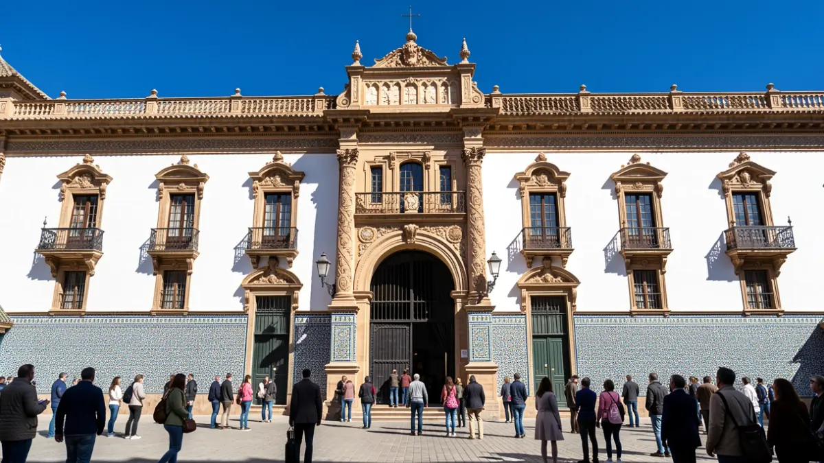 Fachada de las Caballerizas Reales de Córdoba, con arquitectura andaluza y detalles de azulejos.