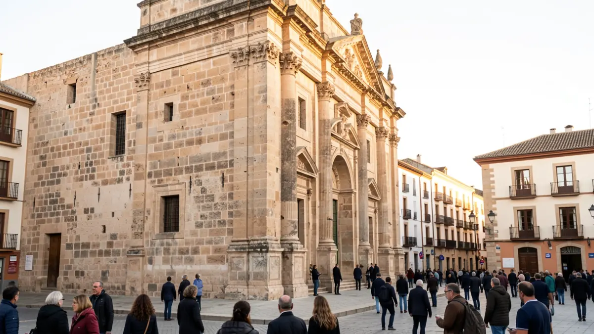 Fachada de un monumento histórico en una plaza de Córdoba con signos de deterioro.