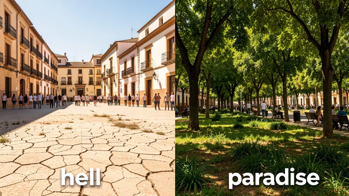 Imagen dividida que contrasta una plaza urbana árida y sin árboles con un parque frondoso y arbolado, representando el contraste entre 'infierno' y 'paraíso' urbano.