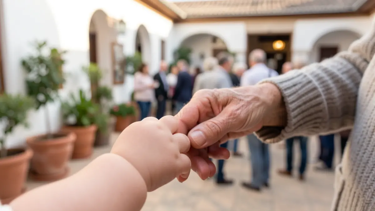 Baby's hand and elderly person's finger intertwined, with an Andalusian patio in the background.