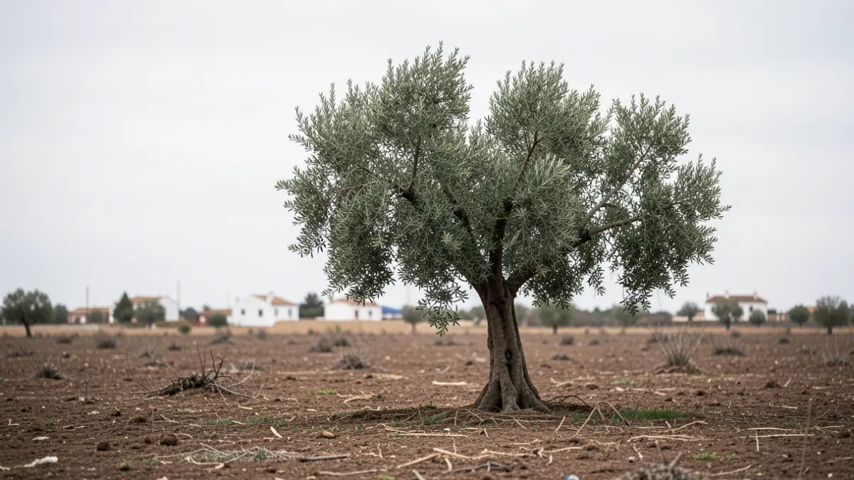Desolate landscape with a wilting olive tree and few distant houses, symbolizing population loss.