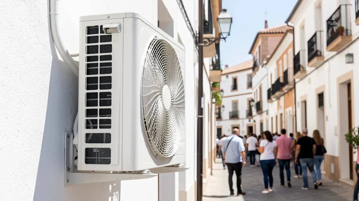 Air conditioning unit on a building facade in a Spanish city.