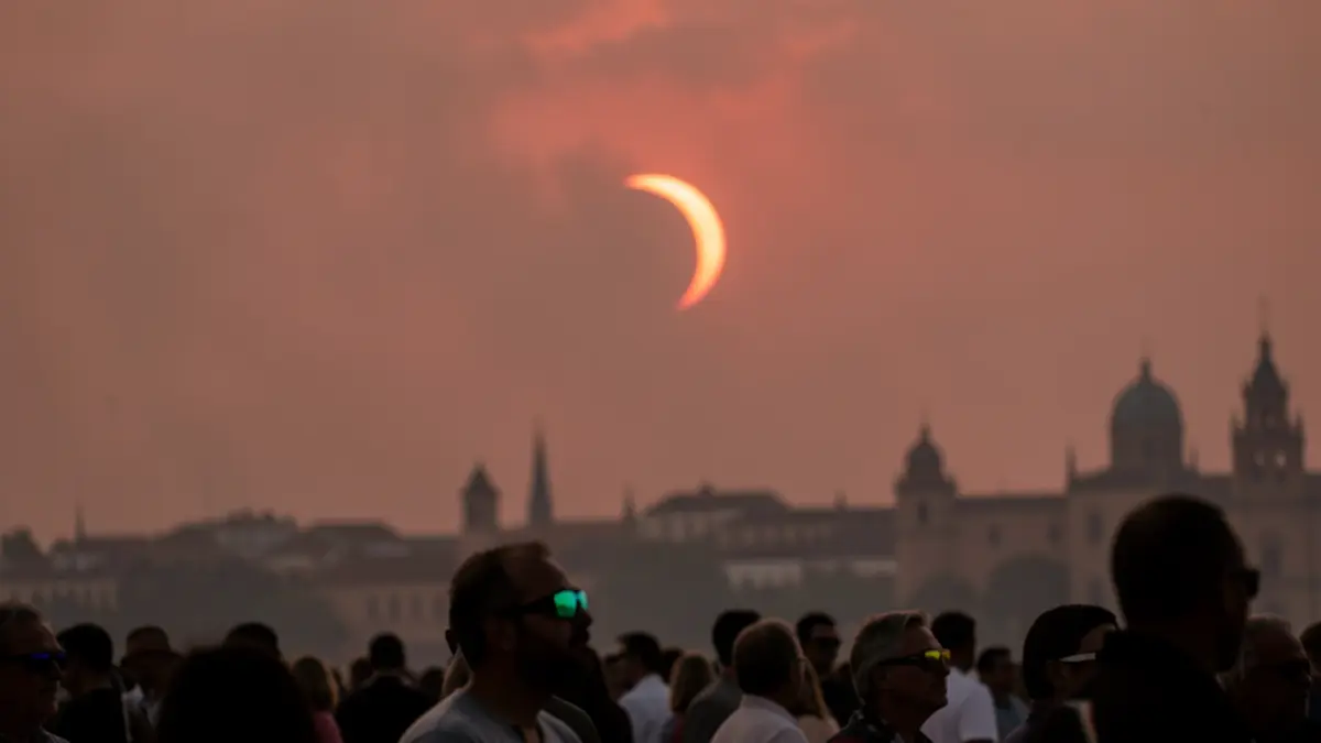 Generic image of a partial solar eclipse seen from Córdoba with a hazy sky and observing people.