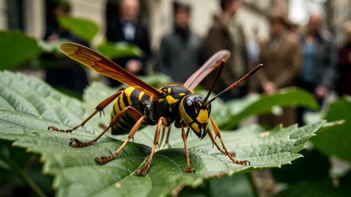 Close-up of a European hornet on green leaves, symbolizing an invasive species.
