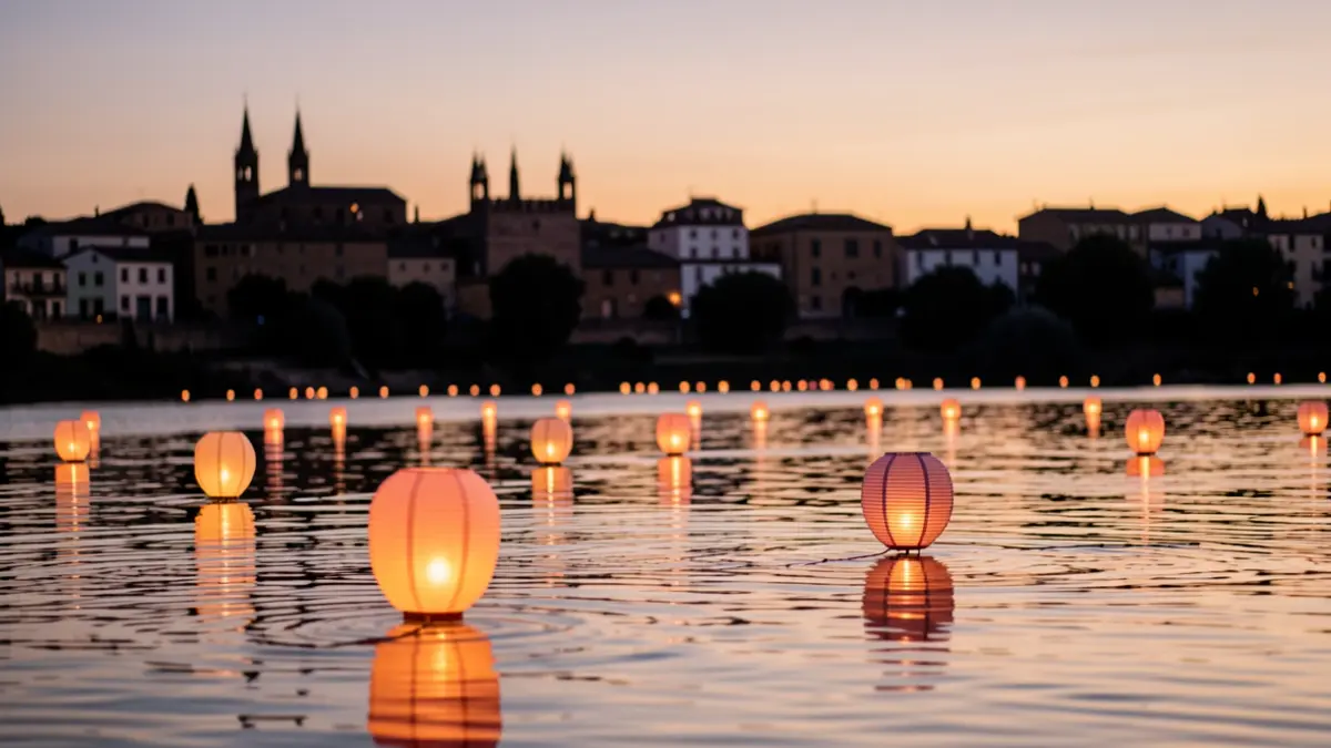 Linternas japonesas flotando en el río Guadalquivir al atardecer en Coria del Río.