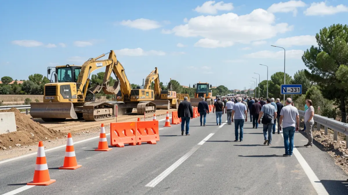 Obras en la carretera N-331 a su paso por Montilla, con maquinaria pesada y señalización de desvío.