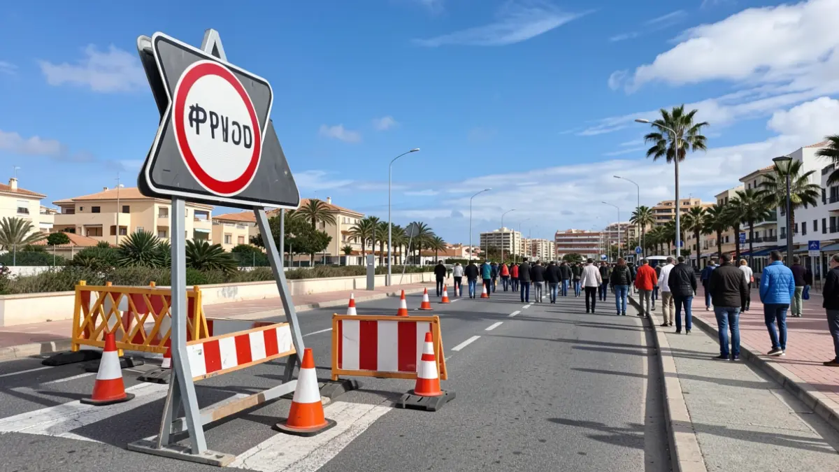 Image of a street closure due to works in Benalmádena with traffic signs and barriers.