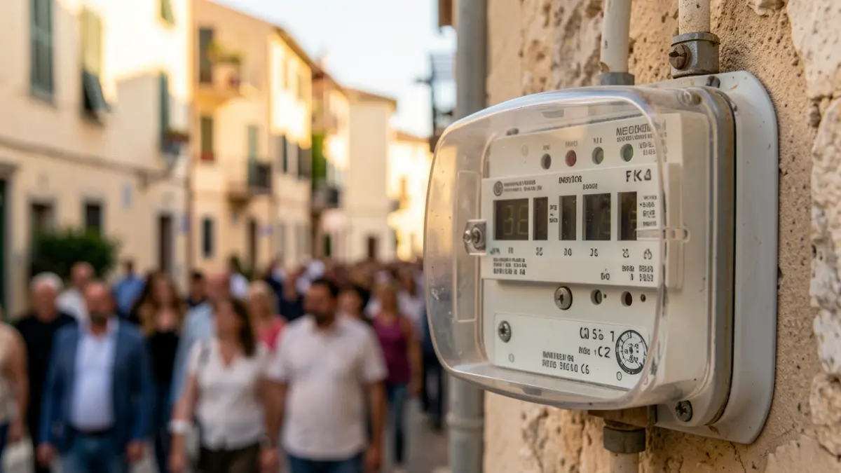 Image of an electric meter with residential buildings in the background in a Mediterranean town.
