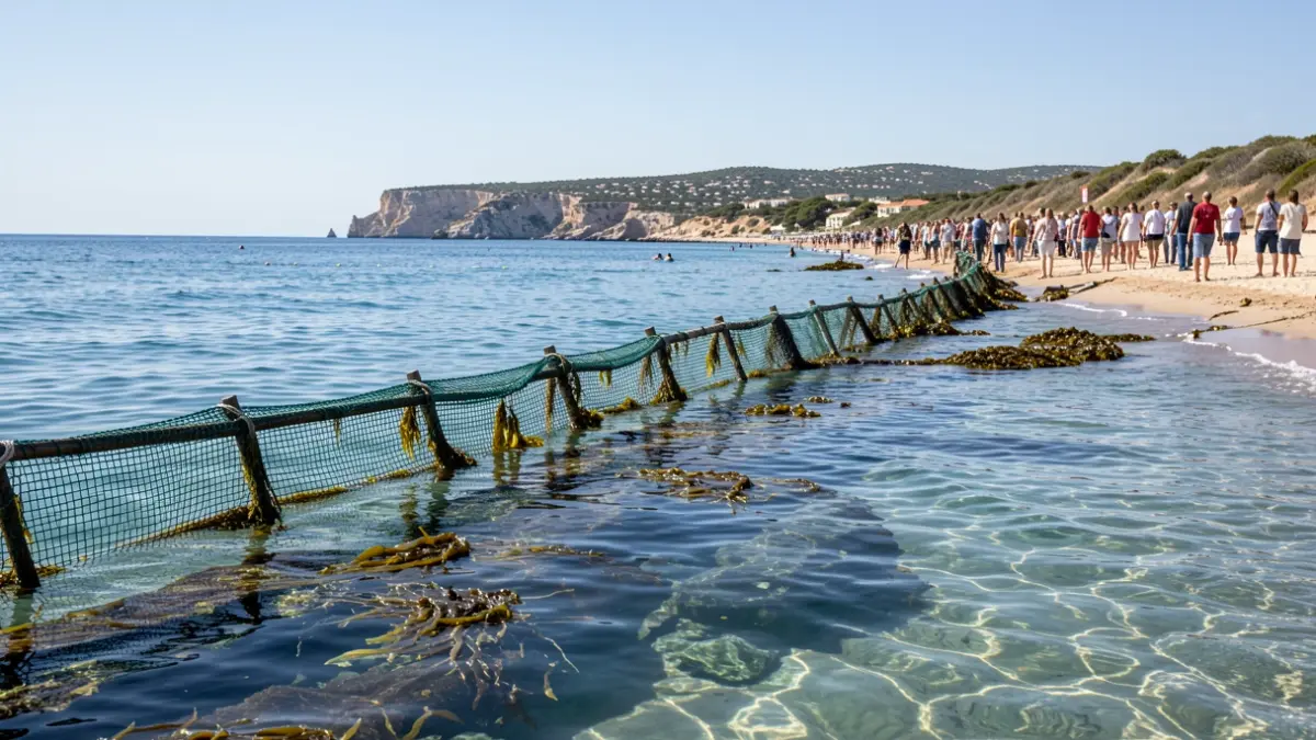 Imagen de una barrera submarina para contener algas en la Costa del Sol.