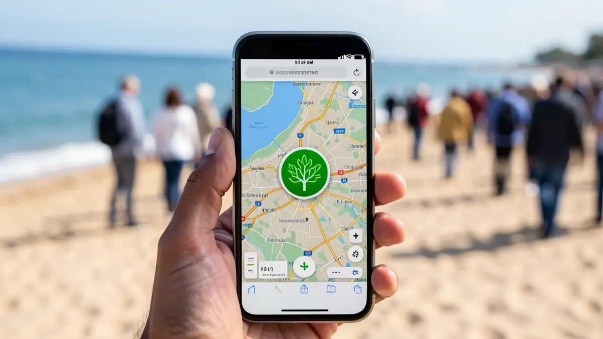 Close-up of a mobile phone displaying a citizen science app for identifying invasive algae on the coast.