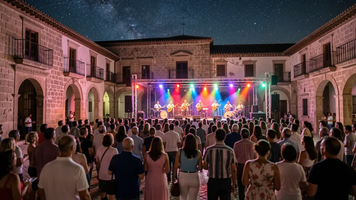 Escena nocturna de un festival de música cubana en el patio de un convento andaluz histórico, con músicos en el escenario y público disfrutando.