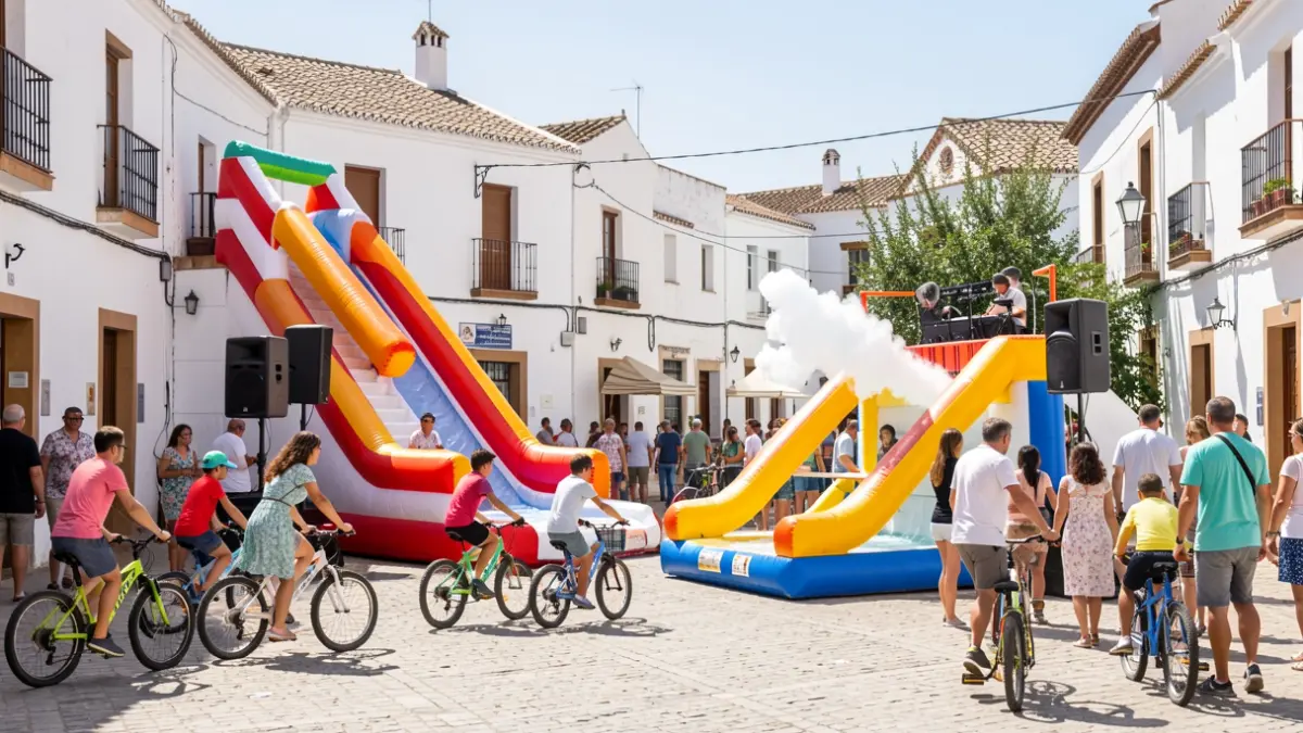 Imagen genérica de una fiesta popular en una plaza de Andalucía con familias, bicicletas y actividades acuáticas.