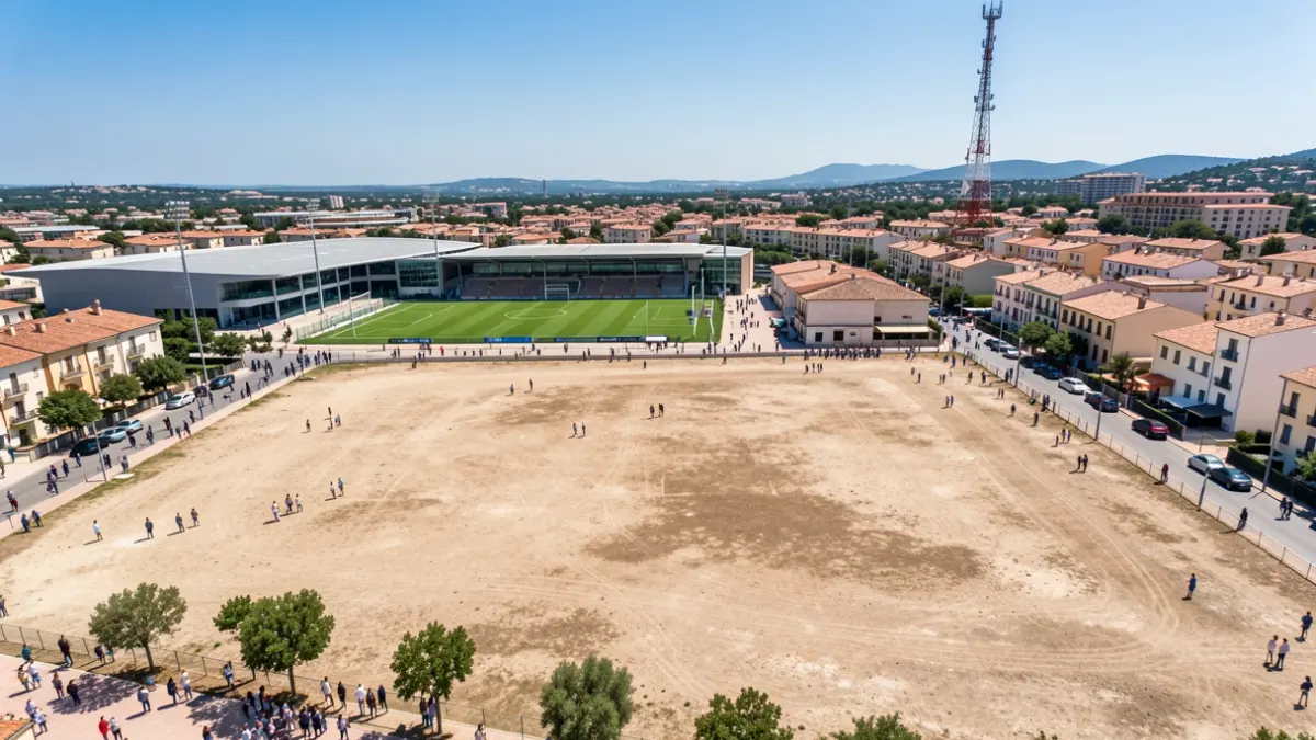 Aerial view of an empty municipal plot next to a sports complex in Cúllar Vega, with a radio antenna in the background.