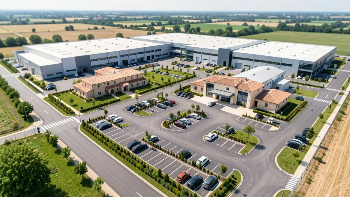 Aerial view of a remodeled industrial park with new infrastructure and green spaces.
