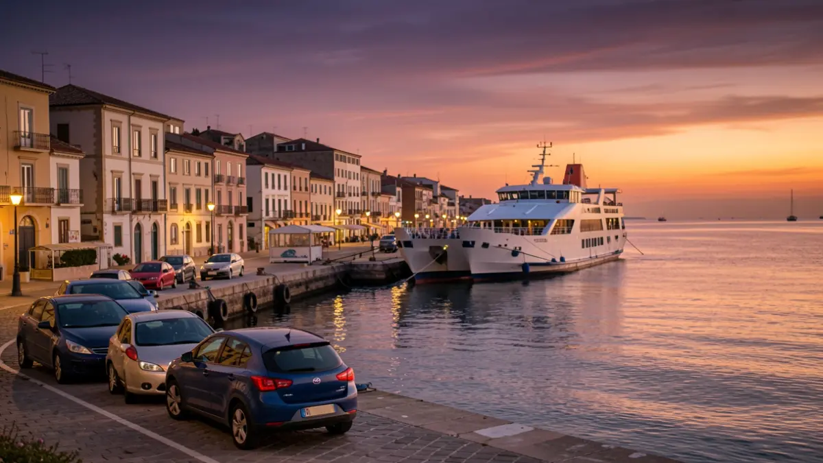 Ferry waiting at the Port of Motril with vehicles on the quay.