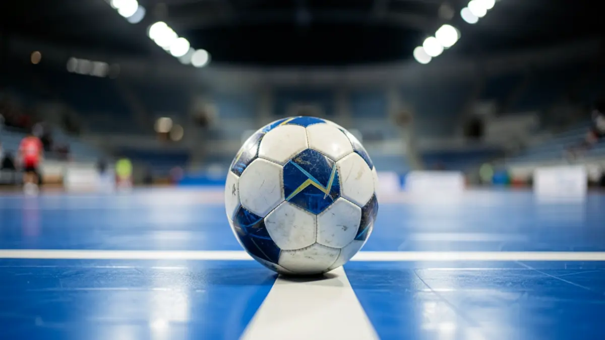 Futsal ball on a blue court with white lines, under stadium lights.
