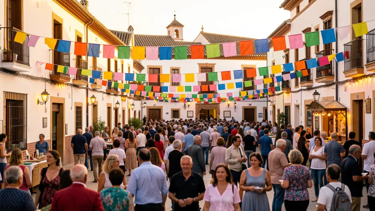 Generic image of a town square in Andalusia during a popular festival with a festive atmosphere.