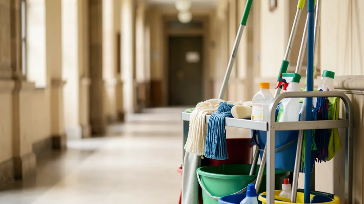 Generic image of a cleaning cart with supplies.