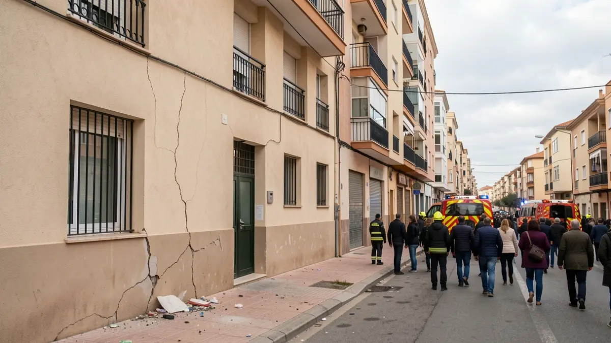 Fachada de un edificio residencial en Las Gabias con daños leves tras los terremotos.
