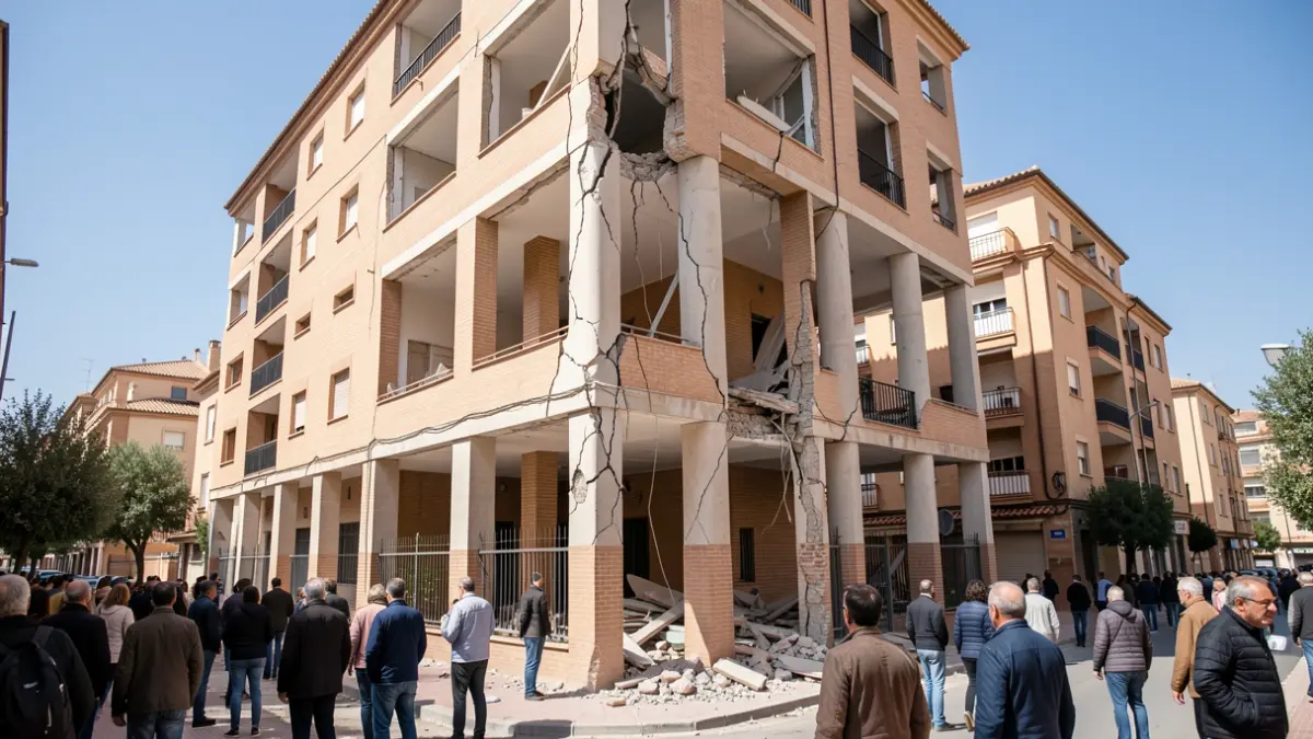 Residential building in Armilla with cracked pillars after earthquakes.