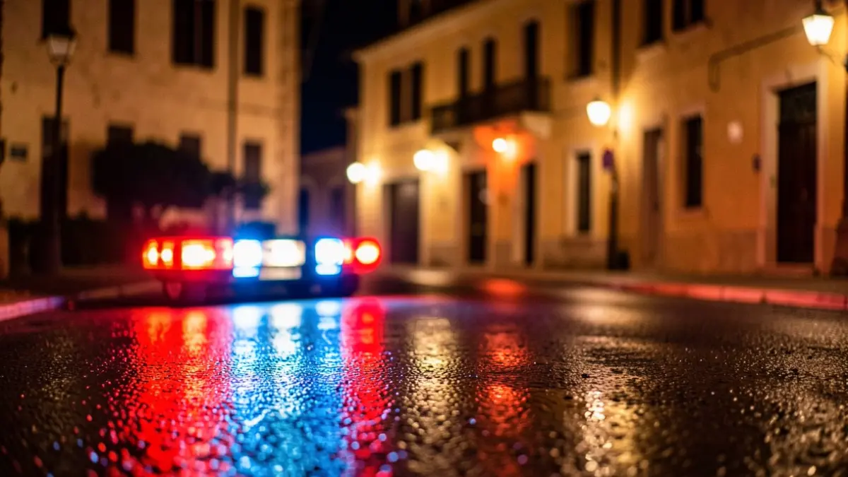 Generic image of emergency lights reflecting on asphalt at night.