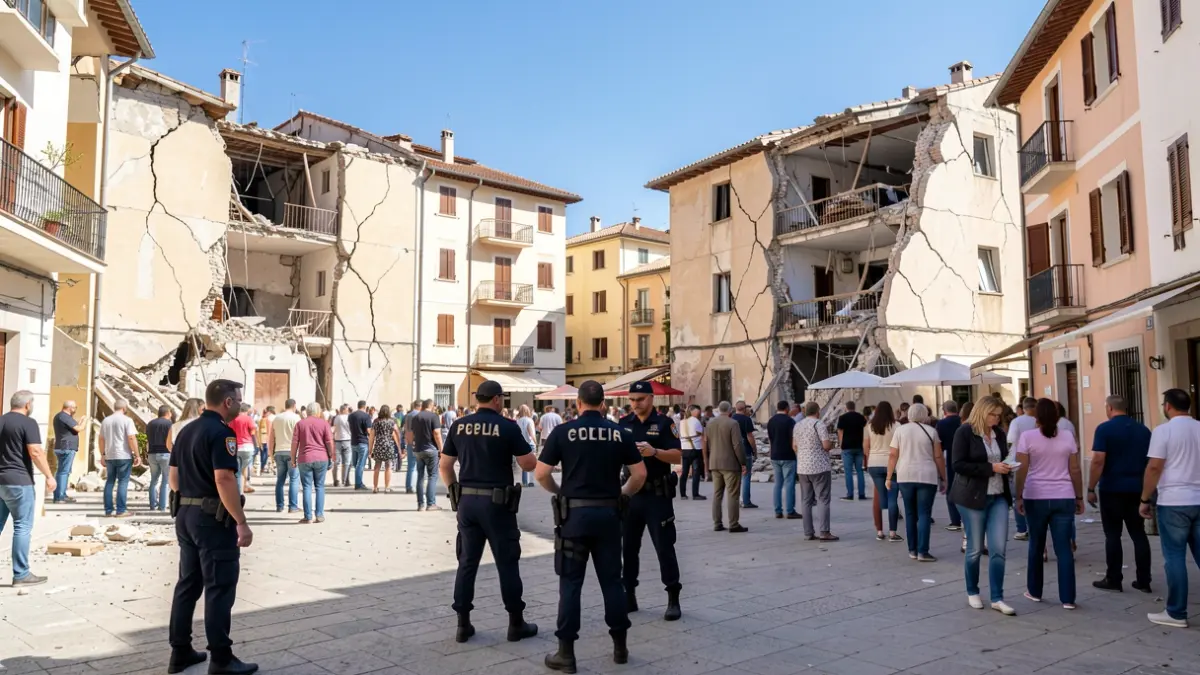 Agentes de la Guardia Civil colaboran en el desalojo de edificios en Las Gabias tras los terremotos en Granada, con familias evacuadas por daños estructurales.