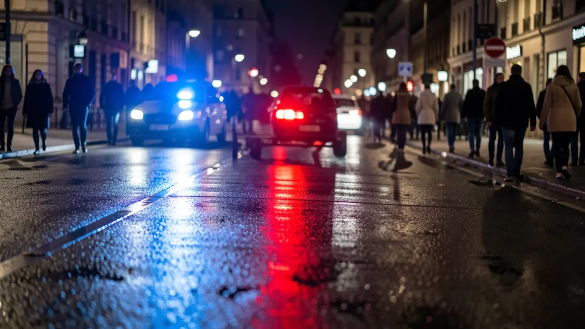 Generic image of police emergency lights reflecting on wet asphalt at night.