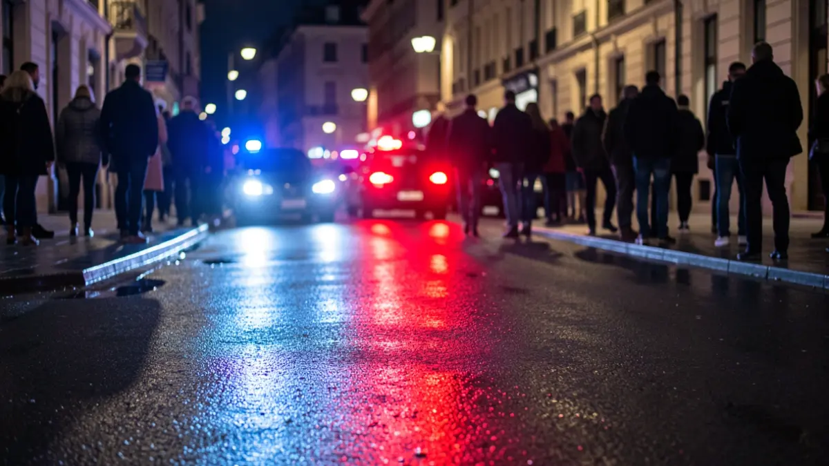 Imagen genérica de luces de emergencia policiales reflejándose en el asfalto mojado.