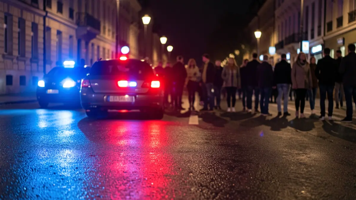 Imagen genérica de luces de emergencia policiales reflejándose en asfalto mojado por la noche.