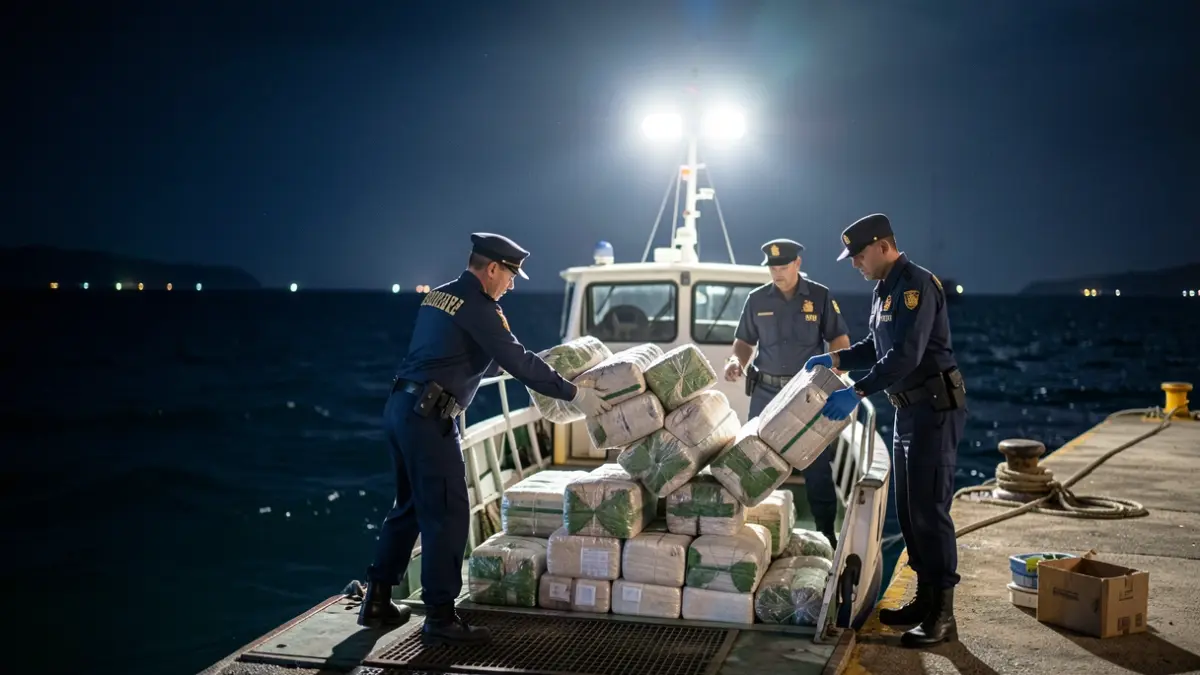 Agentes de la Guardia Civil desembarcan droga incautada en Punta Umbría.