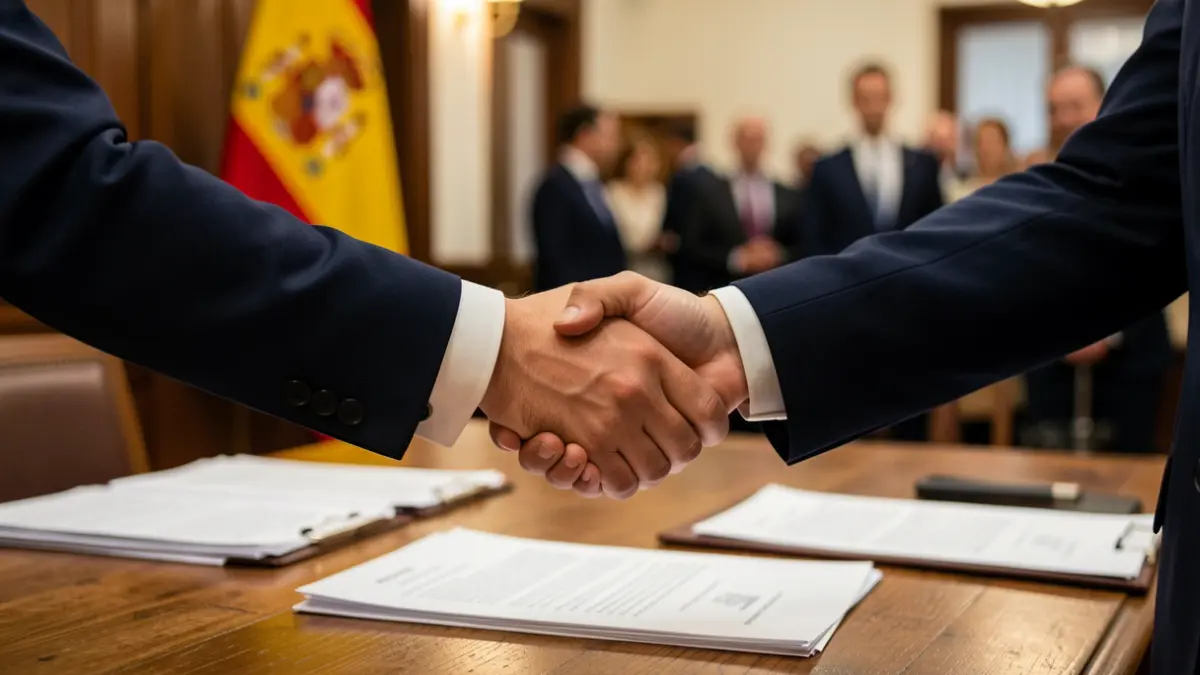 Generic image of two people in suits shaking hands over a desk.