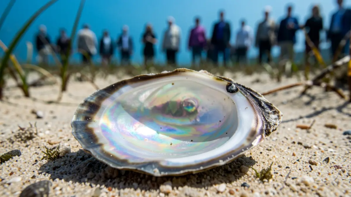 Ostra perlífera Pinctada radiata en el fondo marino.