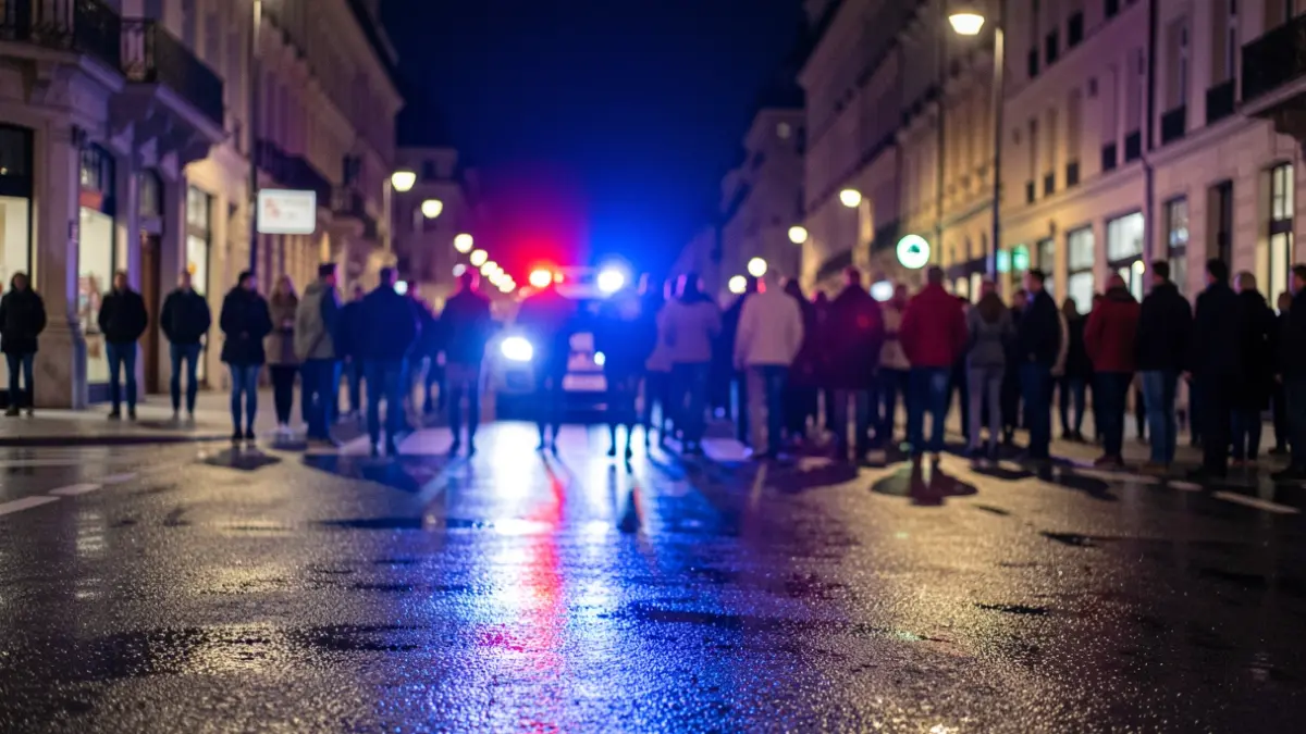 Imagen genérica de luces de emergencia policiales reflejándose en el asfalto mojado por la noche.