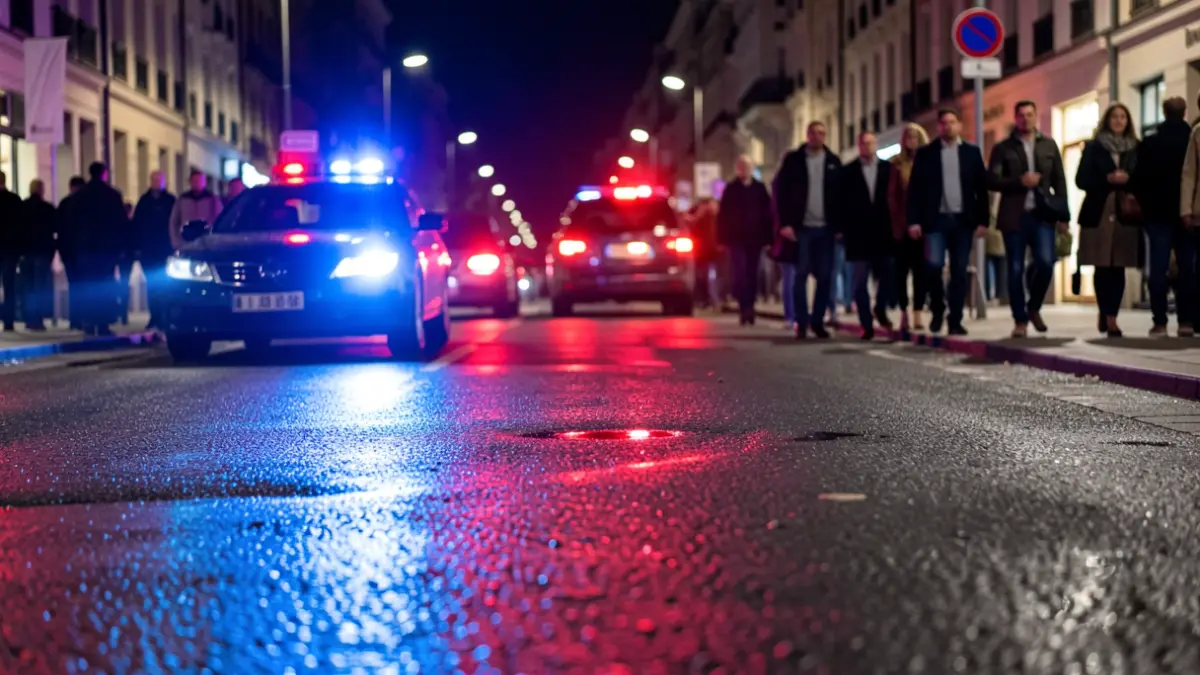 Imagen genérica de luces de emergencia policiales reflejándose en el asfalto mojado por la noche.